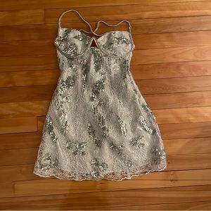 For Love & Lemons 🍋 Opal Embellished Silver Sequined Lined MINI- DRESS